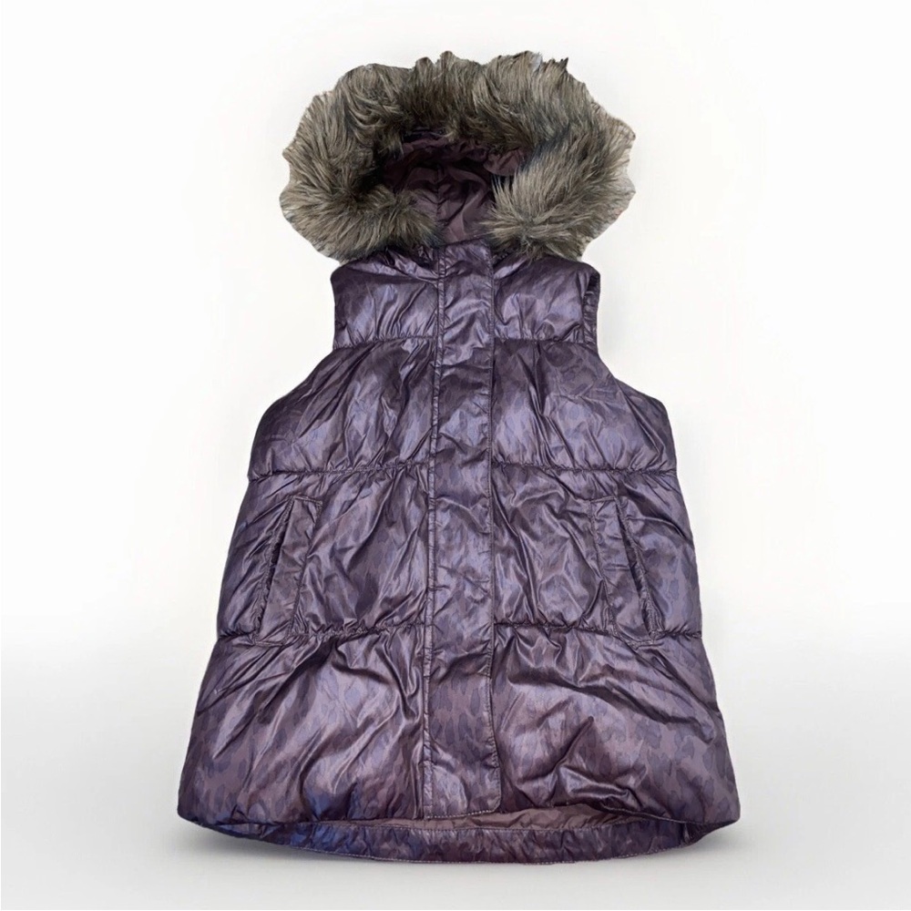 Kids Brown Animal Print Puffy Gap Vest With Removeable Fur Hood Size Large